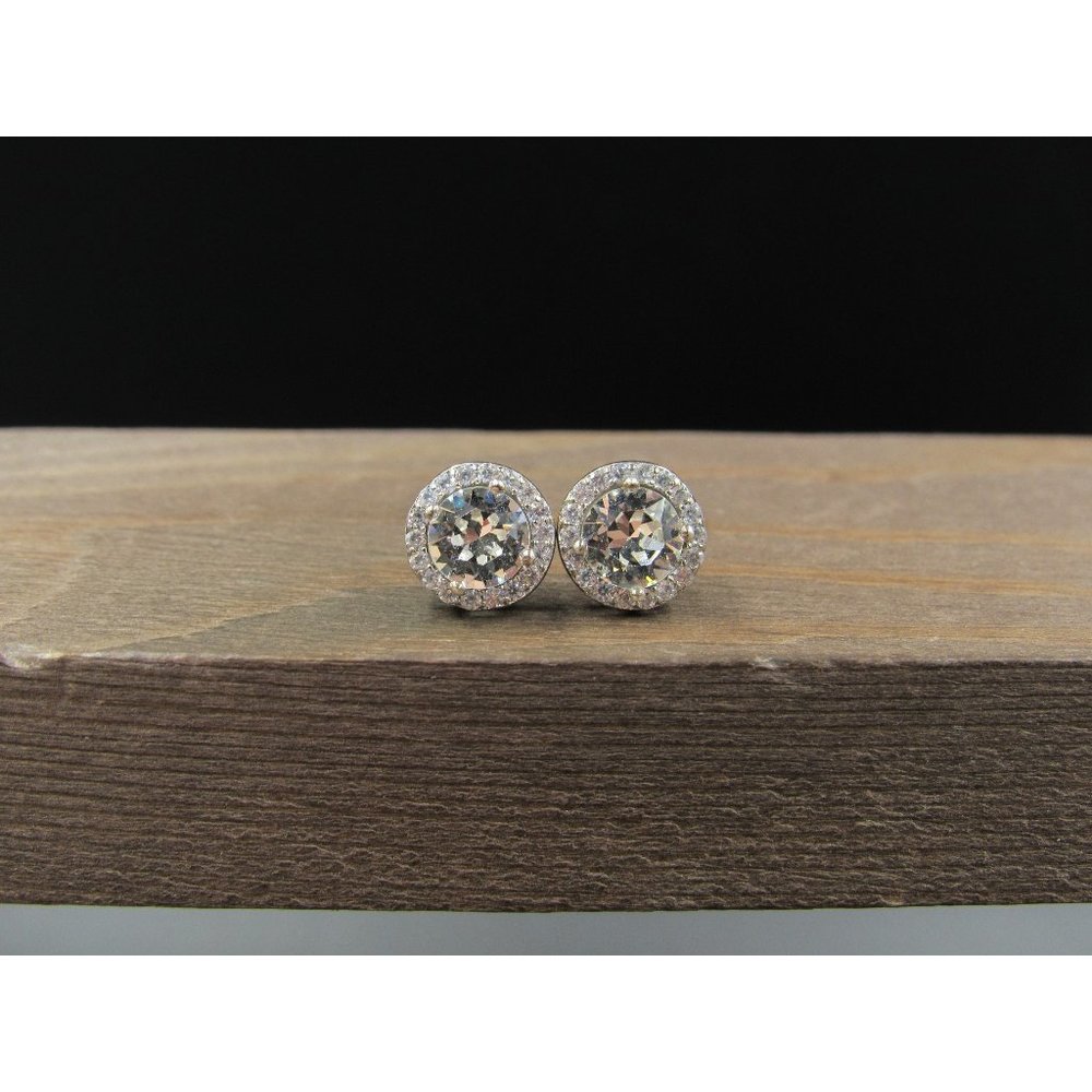 Sterling Silver Cubic Zirconia Plain Round Halo Stud Earrings Vintage Wedding